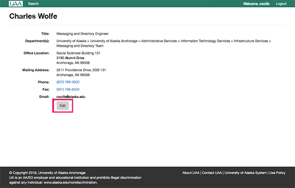 Online Directory Individual Listing with Edit Button highlighted